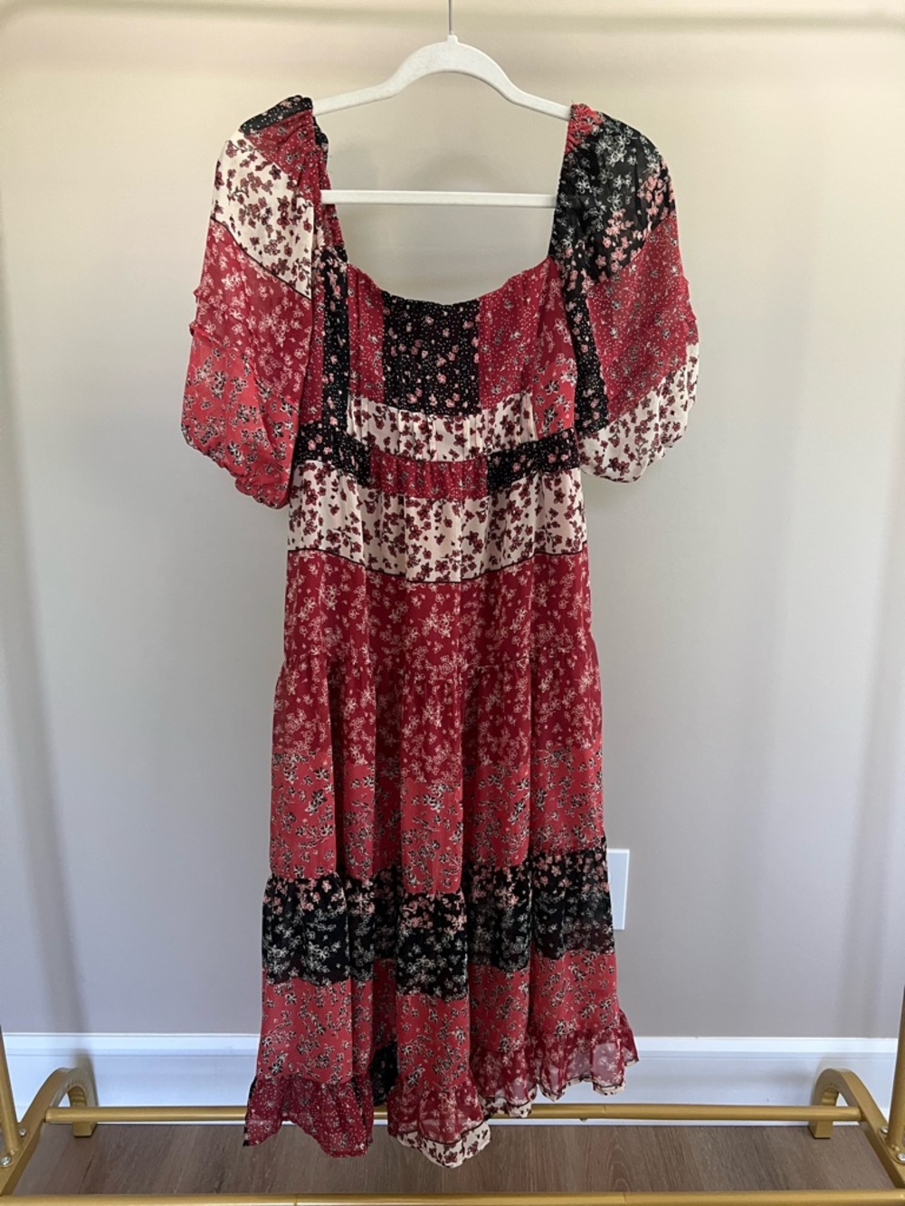 Red Floral Patchwork Midi Dress - Women's